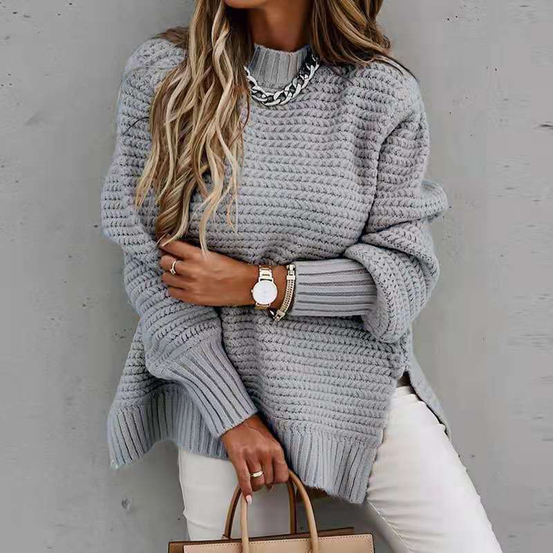 Suéter de Punto con Cuello Medio Alto, Color Sólido, Abertura Lateral con Puños, Estilo Europeo y Americano, Nueva Colección de Invierno 2025 para Mujer