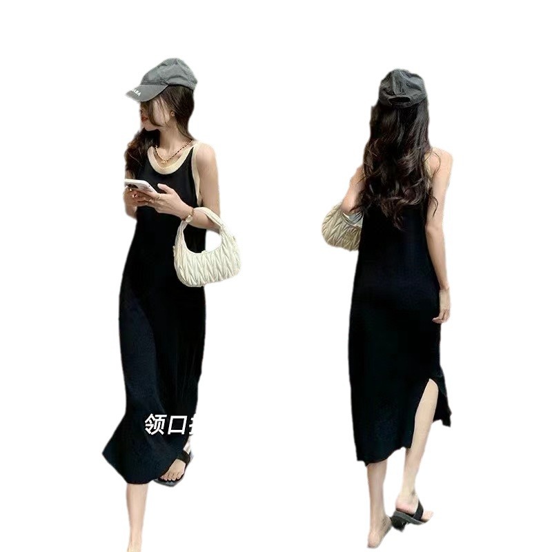 ZHIHE 니트 조끼 스커트 2024 봄 한국 캐주얼 중간 길이의 조끼 스커트 원피스 민소매 스트레이트