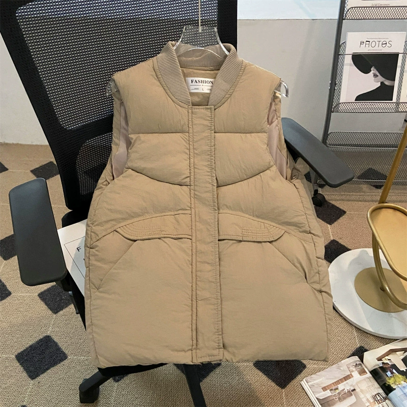 Жилет-пуховик женский, корейский городской стиль, большой размер (2XL–5XL), беж/чёрный/хаки