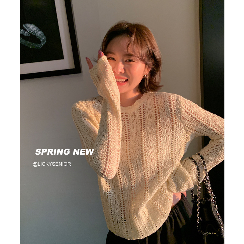 Zhengqite Clothing/Turquoise Blue Hollow Out Blouse for Women, New Spring/Summer Style, Slightly Sheer Knitted Lazy Top
