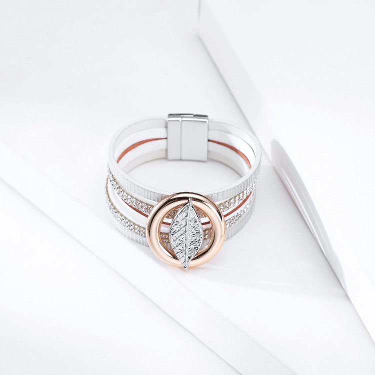 Bohemian Multilayer Hot Rhinestone Leaf Leather Bracelet