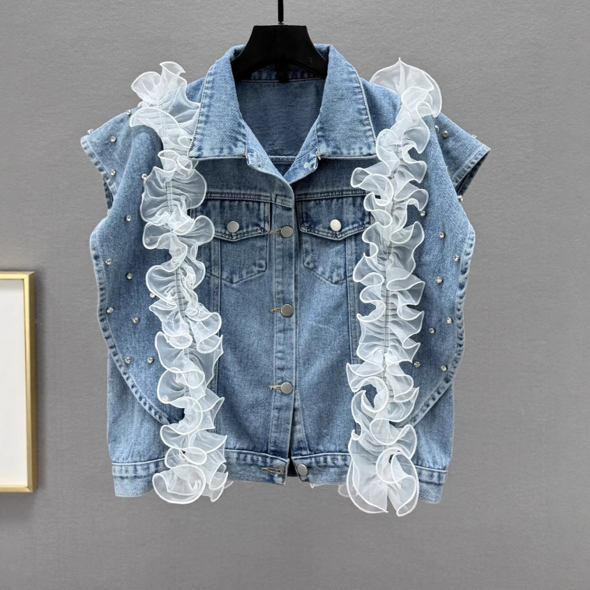 Europa diamante chaleco denim mujer primavera 2025 nuevo suelto delgado sin mangas chaleco de hombro chaqueta marca de moda