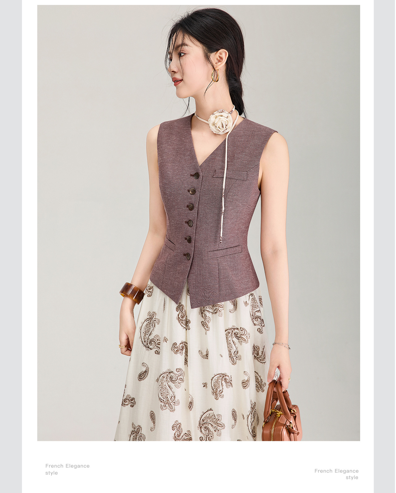 Set áo gile len phối váy maxi in hoa phong cách boho mùa hè — Màu cà phê chi tiết 9