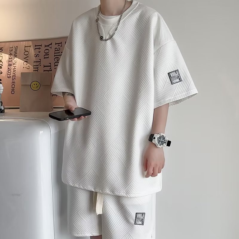 Ice Silk Waffle Short Sleeve T-Shirt Set for Boys And Teenagers Summer Casual Sports Shorts Stylish Outfit Regular Fit Micro-Elastic_viptrois.com