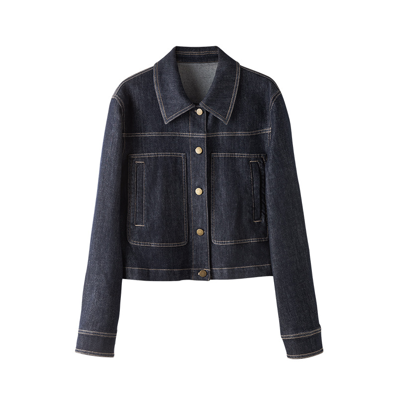 Áo khoác denim nữ phong cách cổ điển tay trễ vai dáng ngắn — màu xanh