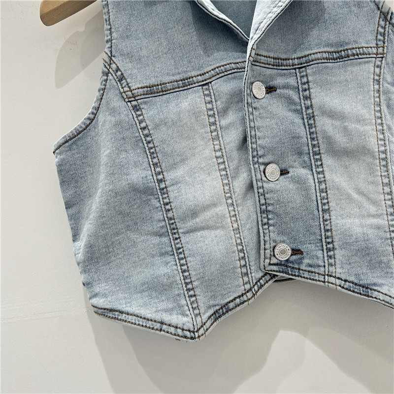 Productos europeos 2025 primavera y verano nuevo estilo pequeño con moda de mezclilla elástica de alta gama chaleco de chica caliente americana chaleco femenino image 4