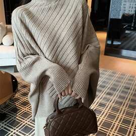 自家工厂慵懒风不规则半高领宽松纸片人坑条蝙蝠袖针织衫女