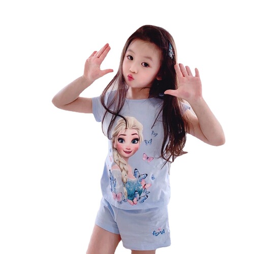 Summer girls' cotton pajamas 2024 new medium and large children's thin home clothes children's girls Elsa short-sleeved suit