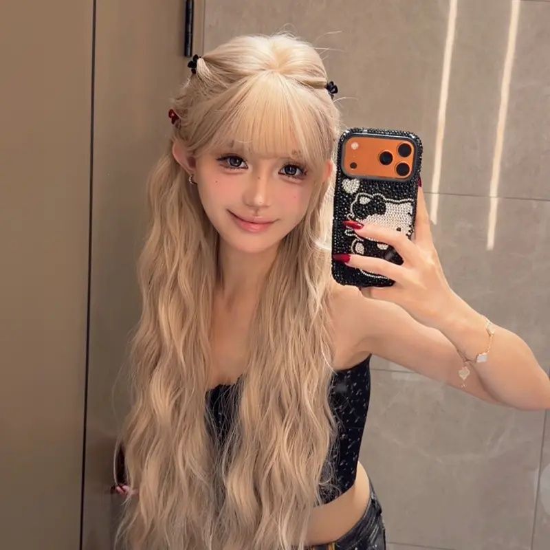Zelan [Da Ji Fox] Platinum Blonde Wig Lolita Long Curly Hair with Bangs Water Wave Synthetic Hair Full Wig