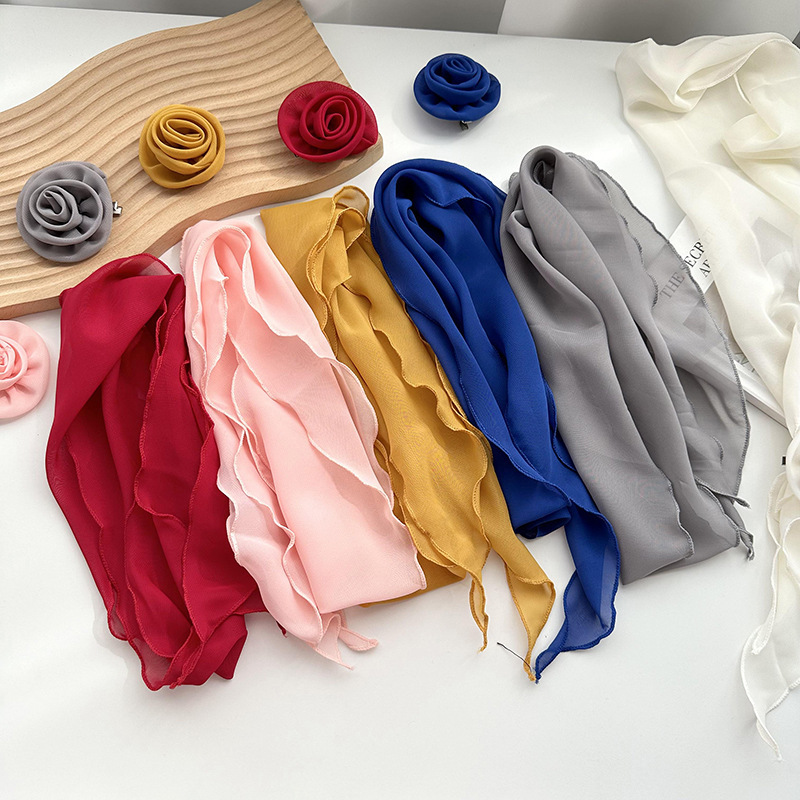 Pañuelo de seda para mujer primavera y verano nuevo estilo flor rosa color sólido estilo fino temperamento salvaje moda transmisión en vivo cinta pequeña bufanda