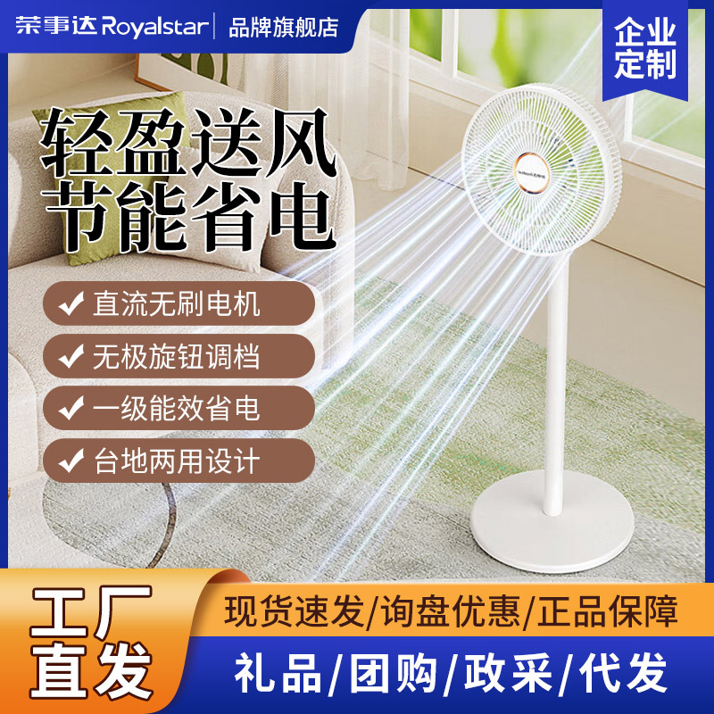 Royalstar Electric Fan Dc Variable Frequency First-Class Energy-Efficiency Floor Fan Vertical Strong Wind Shaking Head Light Sound Home Bedroom
