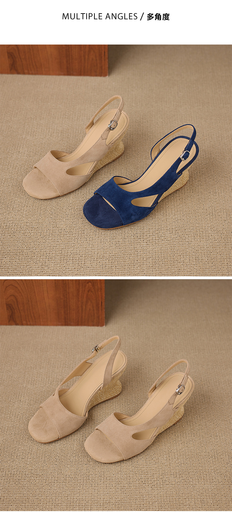 Sandal cao gót nữ mũi nhọn hở ngón, gót nêm đan rơm 8 cm, quai hậu buộc dây — xanh lam, màu mơ chi tiết 12