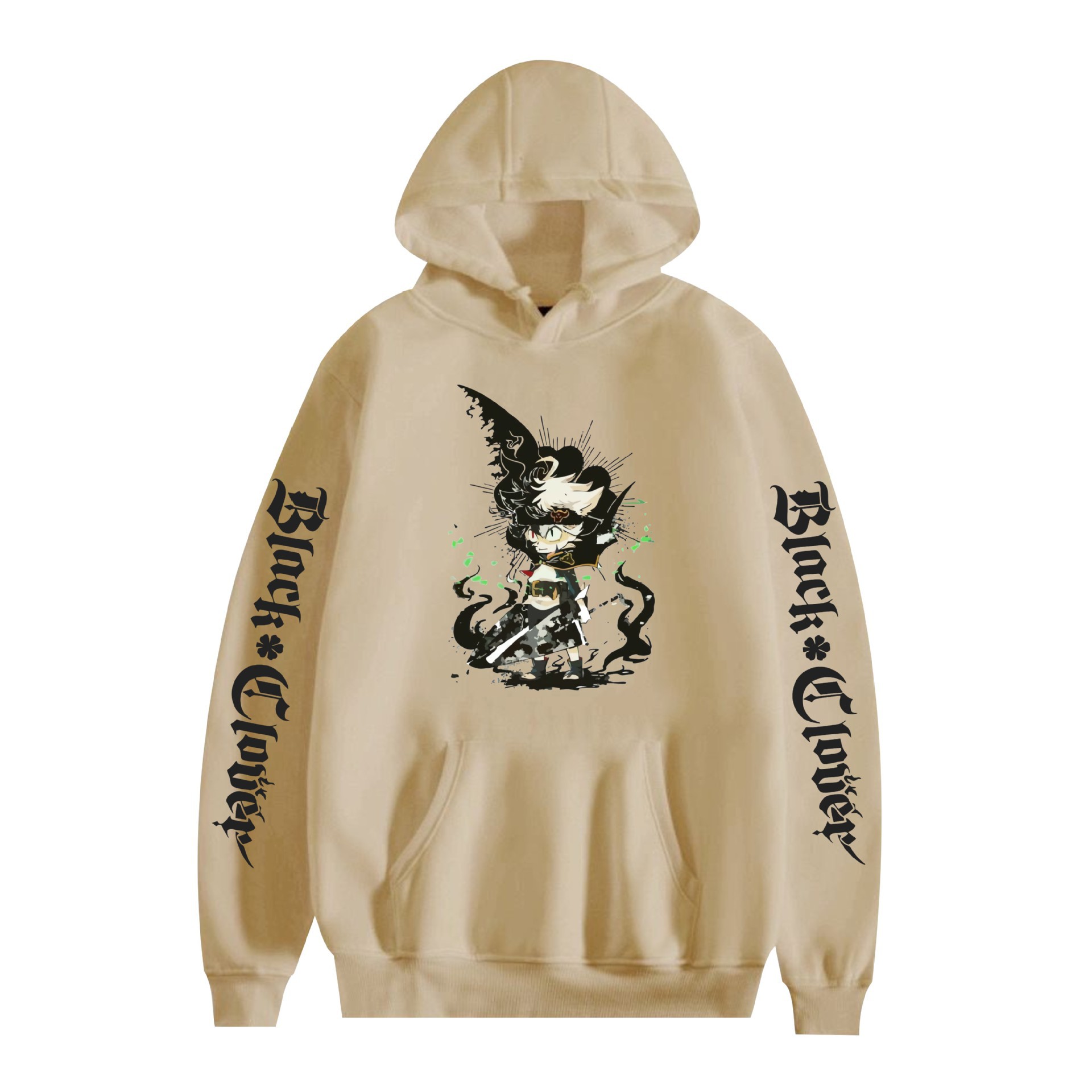 Suéter con capucha periférico de animación de trébol de cuatro hojas negro bidimensional marca de moda sudadera con capucha suelta casual más chaqueta de terciopelo nuevo