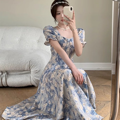 大きいサイズの婦人服の微太った青い油絵の花のフランス式の小さい大衆のワンピースの女性のスカートの太ったmmは腹を遮ってやせている長いスカートを現します。