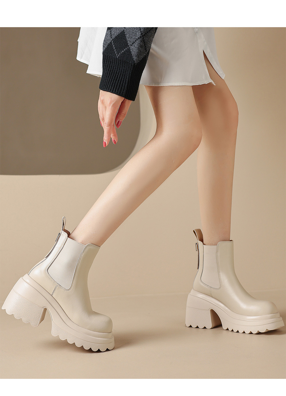 Boot Chelsea nữ da thật đế dày platform gót cao 9 cm mùa thu đông 2025 — Lớp lót đơn màu be, Lớp lót nhung đen, Lớp lót nhung màu be, Lớp lót đơn màu đen chi tiết 11