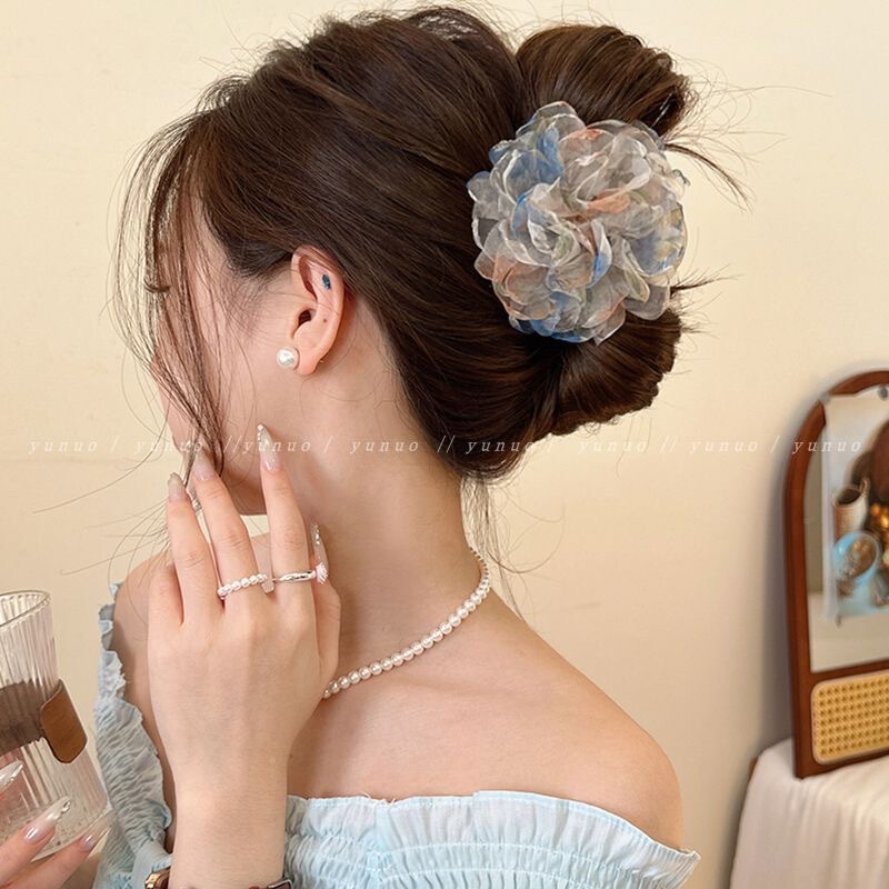 超仙网纱花朵发夹女法式高级感后脑勺盘发抓夹大号鲨鱼夹子头饰|undefined