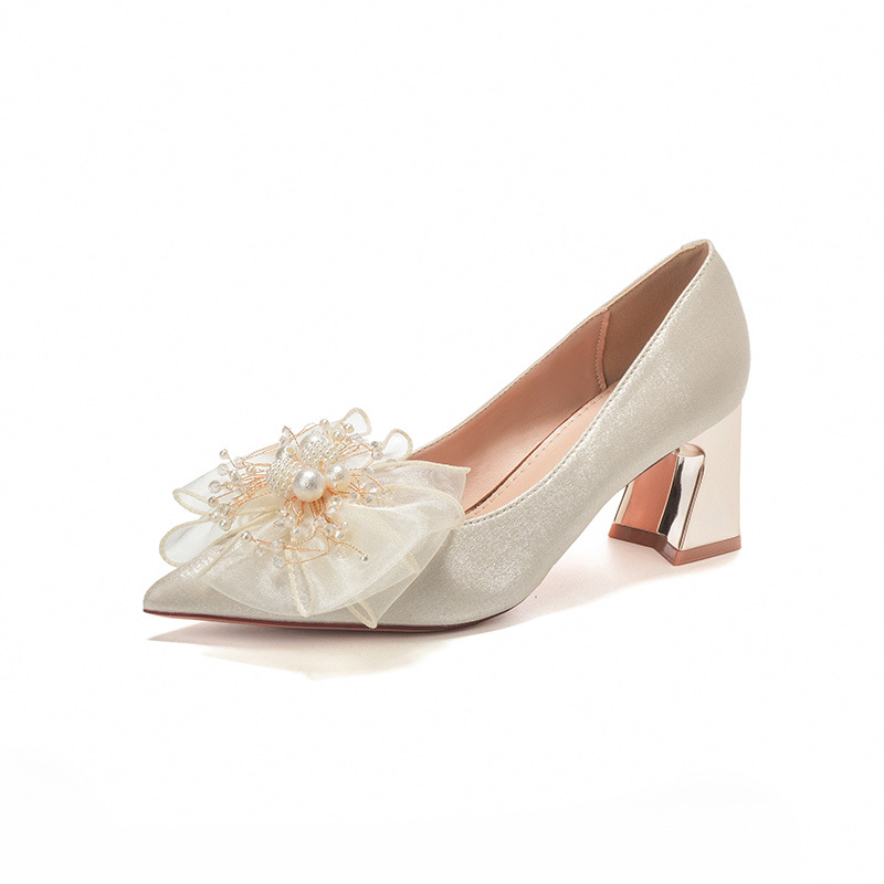 6222A-008 Chunky Heel Pointed Toe Satin Appliqué High Heels For Banquet Wedding Bridesmaid Shoes Comfortable Versatile_voghion.com