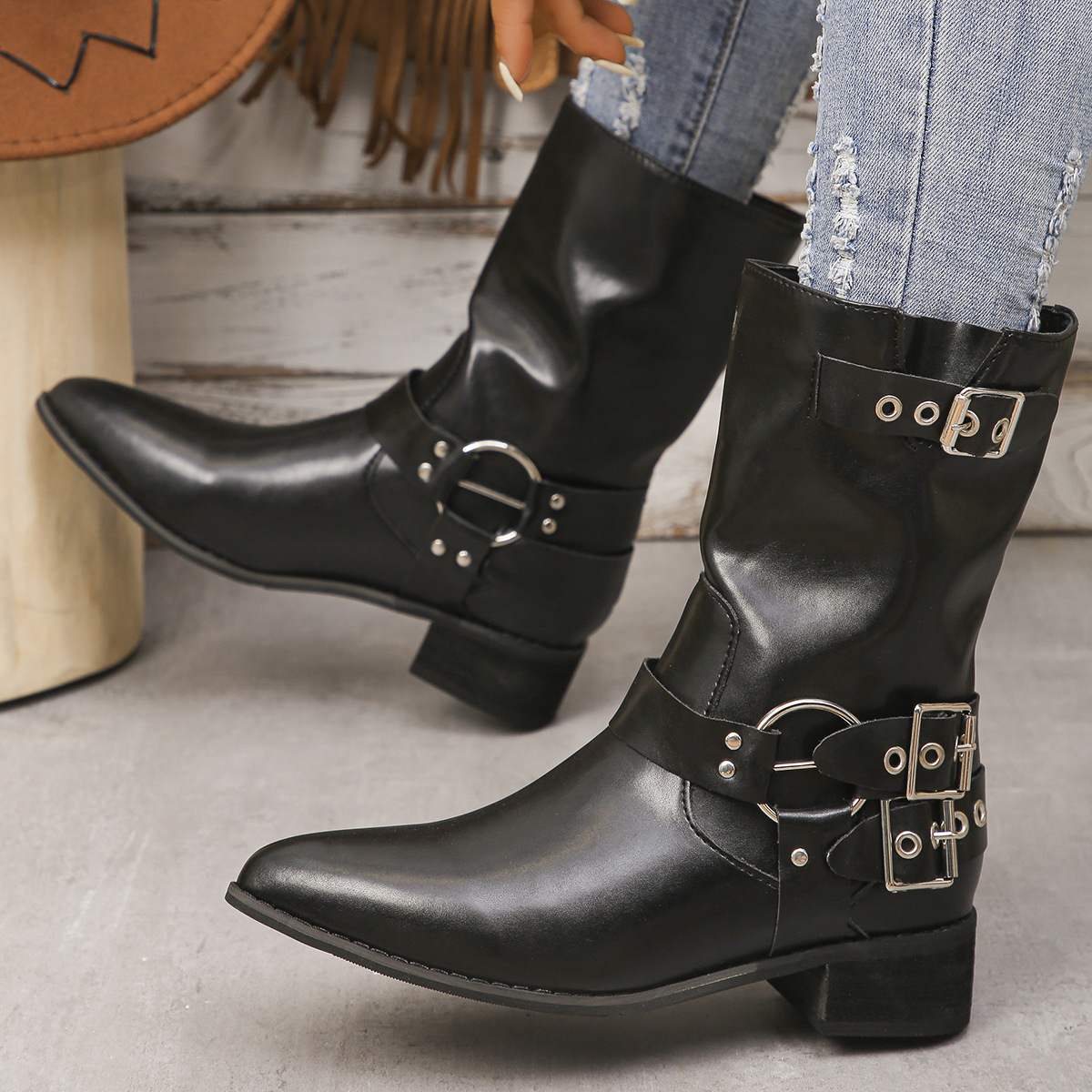 Women's Shoes Western cowboy boots women's retro punk belt buckle martin boots miu home heightened rubbed brown mid tube knight boots_voghion.com