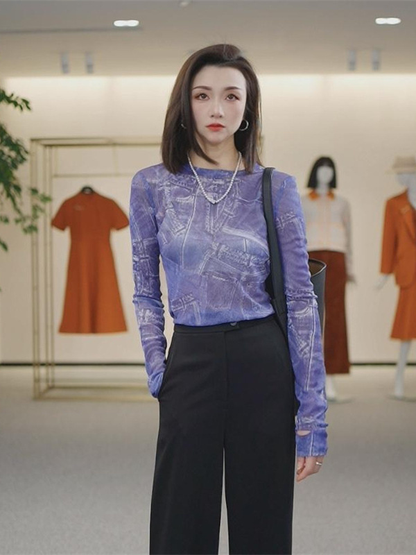 哥家商场同款女装2025秋季水晶纱肌理感圆领网纱打底衫上衣|undefined