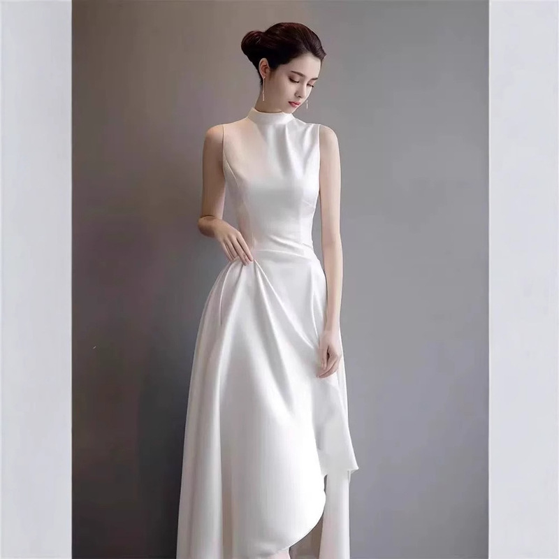 French White Satin Irregular Temperament Banquet Annual Birthday Party Celebrity Engagement Evening Dress dress Women French White Satin Irregular Temperament Banquet Annual Birthday Party Celebrity Engagement Evening Dress dress Women