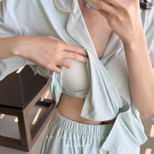 新款夏季凉感冰皮睡衣女 升级带罩杯短袖开衫免 Bra 居家服两件套