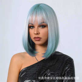 新品假发齐刘海渐变蓝色短直发自然日常高温化纤丝厂家现货wigs