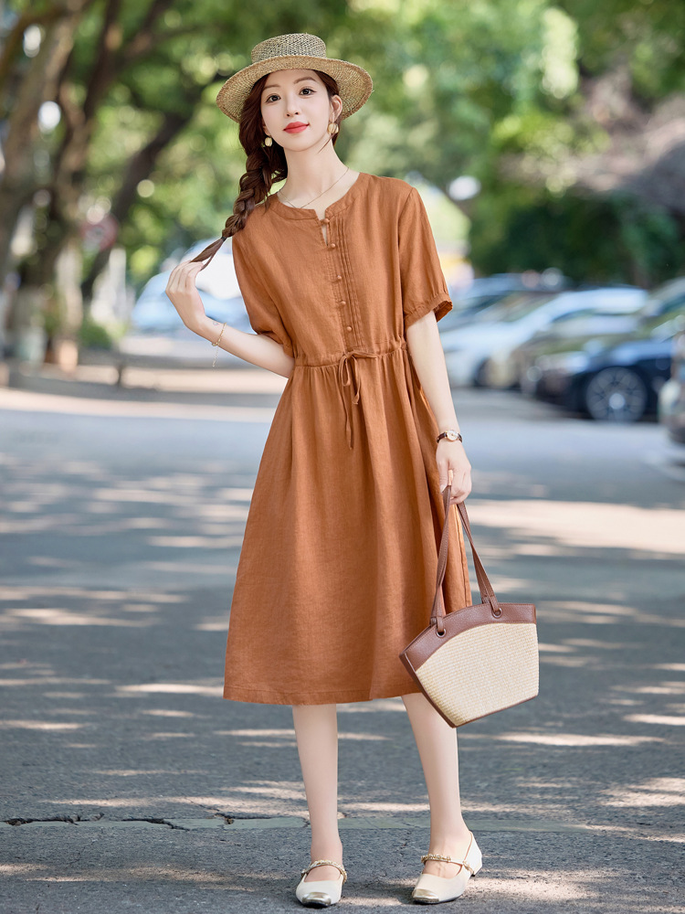 Đầm maxi nữ thắt eo cotton linen 2025 form rộng thanh lịch — màu sắc, Xanh lông mòng đen