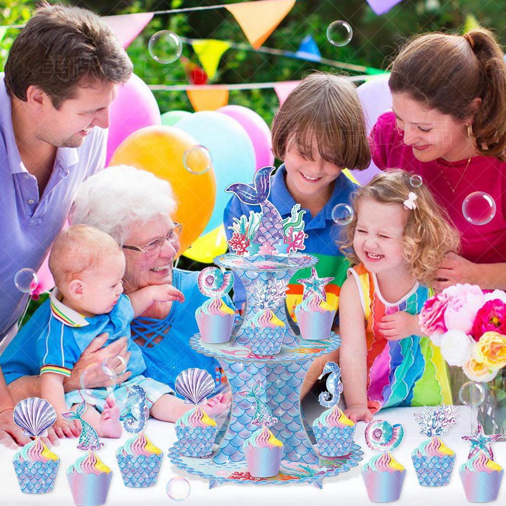 Transfronterizo nuevo tema de sirena fiesta de cumpleaños decoración de la torta soporte de la torta postre Mesa decoración de soporte de la torta