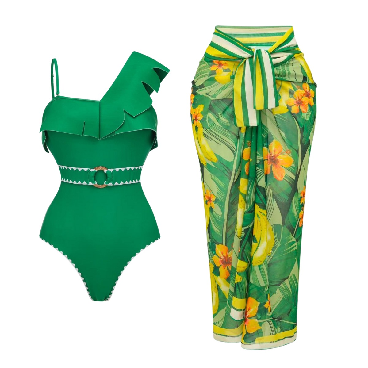 One-Shoulder Ruffle Monokini Swimsuit - Eco-Friendly Quick-Dry Swimwear Set With Sarong (Green Floral/Solid, Sizes S-XL)_ecoleips.com