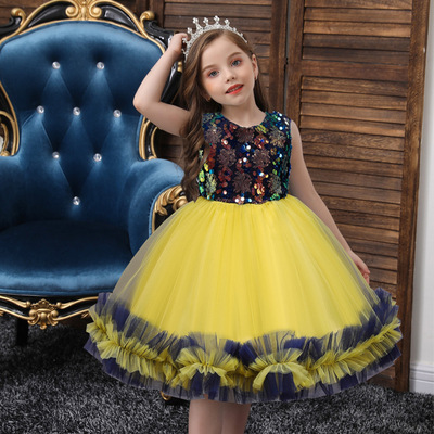 Kids girls toddlers Sequined  princess host singer choir stage performance dress tutu skirt birthday xmas party celebration bow princess dresses for baby
