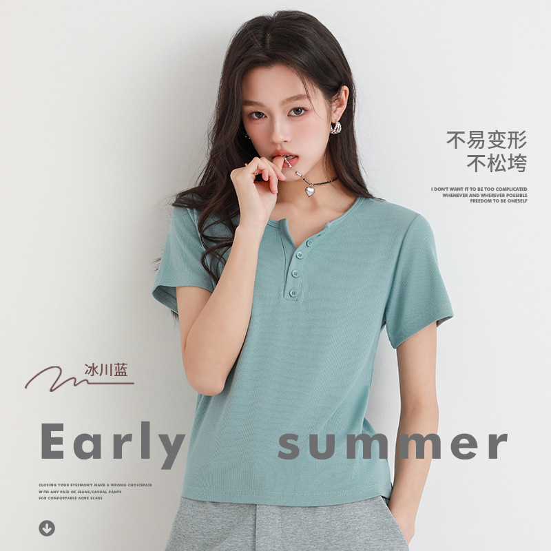 Lyocell Tencel Skin-Friendly and Enjoy Small V Half Open Collar T-Shirt for Women Spring New Short-Sleeved T-Shirt Slim Top