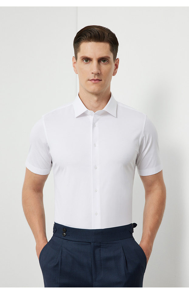 Áo sơ mi nam ngắn tay dệt kim cotton co giãn cao cấp thoáng khí — Trắng ngắn tay-cổ vuông chi tiết 16