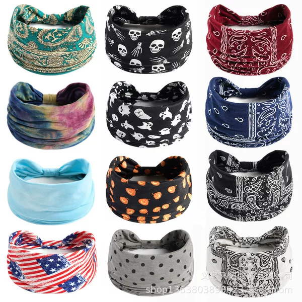 European and American tie-dye mixed-color wide headband, yoga sports headband, elastic women's sweat-absorbing narrow headband, Halloween headband