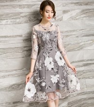 现货速卖通ebay亚马逊wish时尚显瘦七分袖圆领印花欧根纱连衣裙