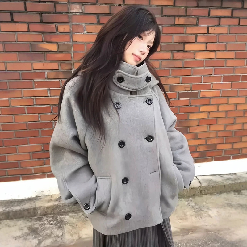 Now Available: H Kya Same Style Wool Stand Collar Hooded Double-Breasted Wool Coat for Women, Autumn Korean Style Thick Coat Mire*O