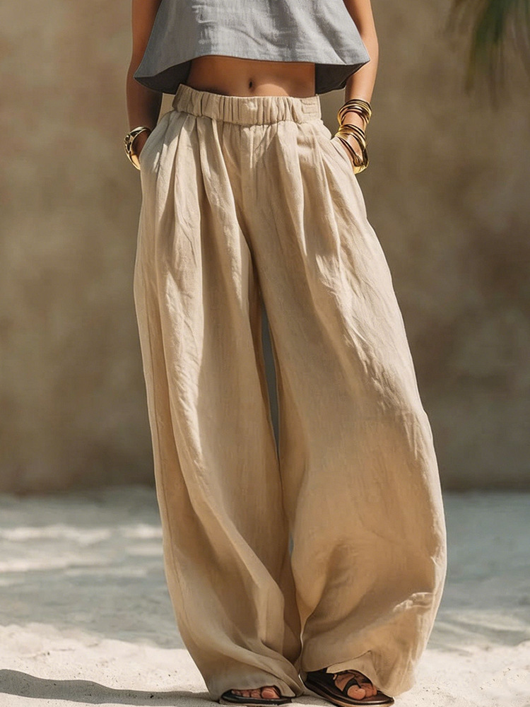 Women's Linen-Like Wide-Leg Pants With Elastic Waist - Comfortable Casual Pull-On Trousers For Summer_ecoleips.com
