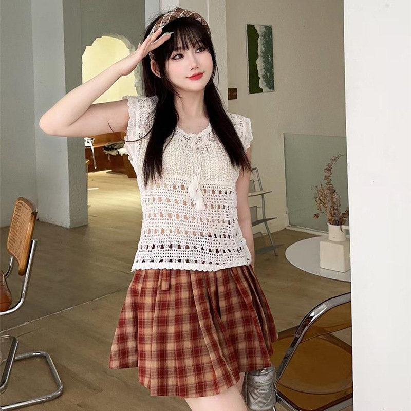 Summer lace knitted retro short tank top sleevless