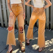 跨境欧美定制半橡筋腰头破洞女士牛仔裤毛边休闲百搭女式九分裤