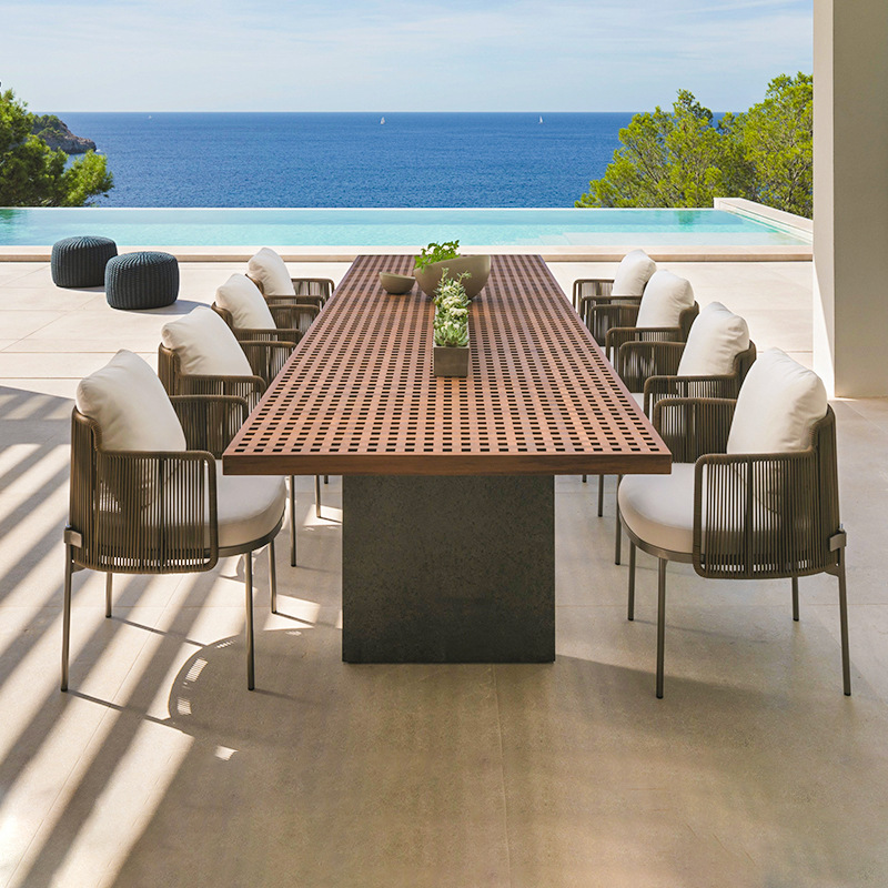 Conjunto de mesa y sillas de ratán para exteriores, combinación de sillas de ratán para patio, balcón o terraza, muebles de jardín con mesa larga para descanso. image 3