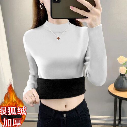 Add velvet and thick new high-end solid color long-sleeved half-high-collar T-shirt shirt for women's all-matching slimming base shirt for autumn and winter