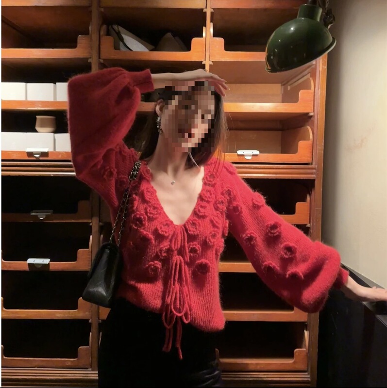 小香风粉色短款针织开衫女秋冬季超好看立体花朵毛衣外套|undefined