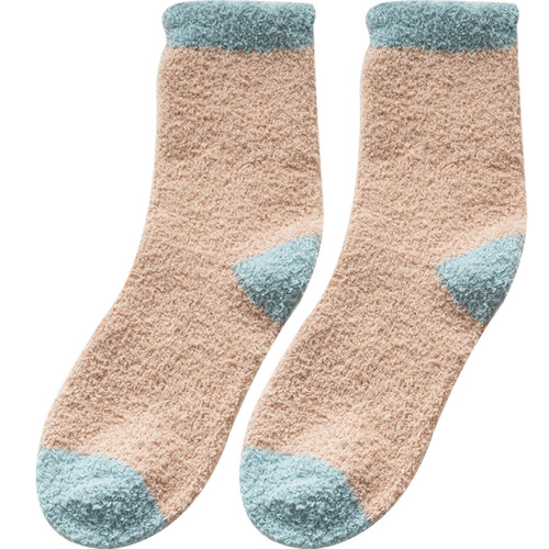 Coral velvet socks for autumn and winter, solid color, ribbed women's socks, simple half-sided velvet, thick floor socks, mid-calf sleep socks