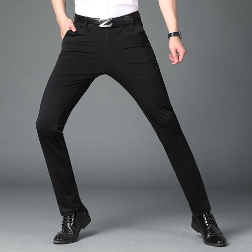 Summer and Autumn Lightweight Men's Stretch Milk Silk Business Pants with Four-Way Elastic, Smooth Men's Casual Pants
