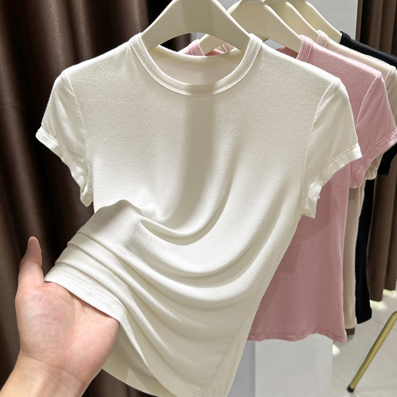 アプリコットラウンドネックニットトップレディース夏右肩半袖モーダルTシャツ薄手スリムインナーレイヤリングシャツ|undefined