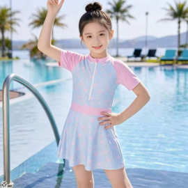 女童连体泳衣短袖拉链碎花游泳衣送泳帽打底裤套装运动风游泳服装