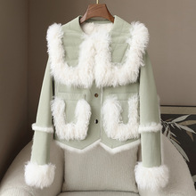 少量服饰春季新款麂皮绒内里兔皮毛一体女2025羊毛领短款皮草外套