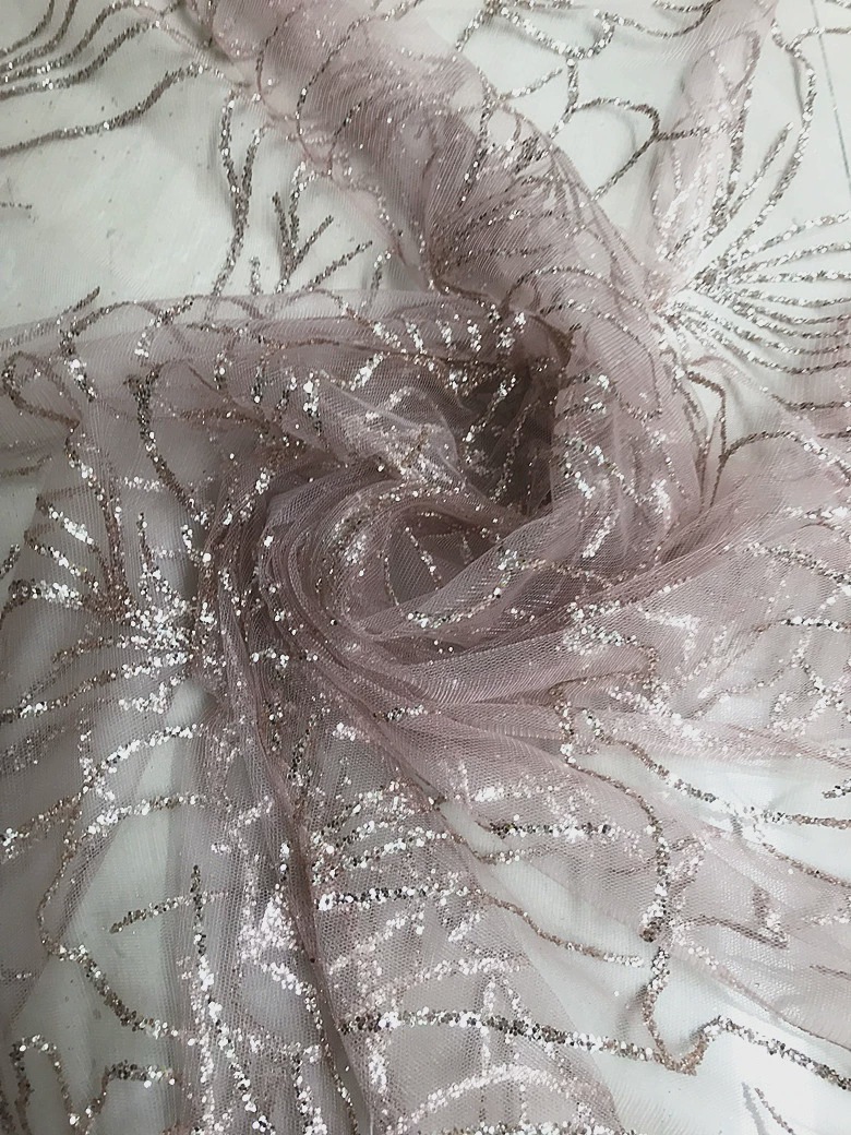 浅金裸粉色大花烫金烫片亮片布料面料婚纱布料透明网纱烫钻头纱布