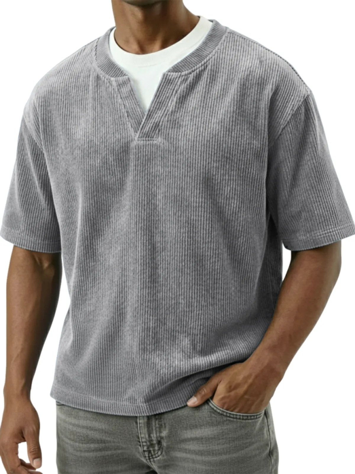 T-shirt uomo casual in velluto a coste con doppio collo_voghion.com