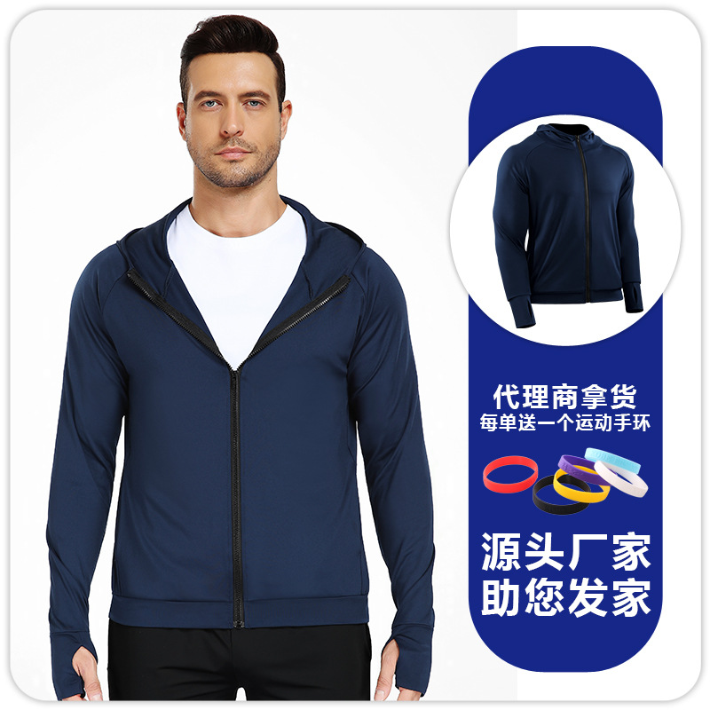 Camiseta con cremallera encapuchada de hombre con agujeros de pulgar, doble bolsillo para montar, entrenar, correr, chaqueta de fitness image 9