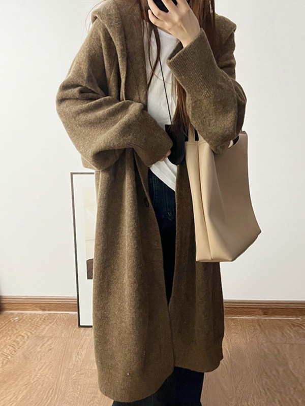 秋冬慵懒风长款毛衣开衫外套蝙蝠袖女连帽宽松韩版针织大衣A6142|undefined